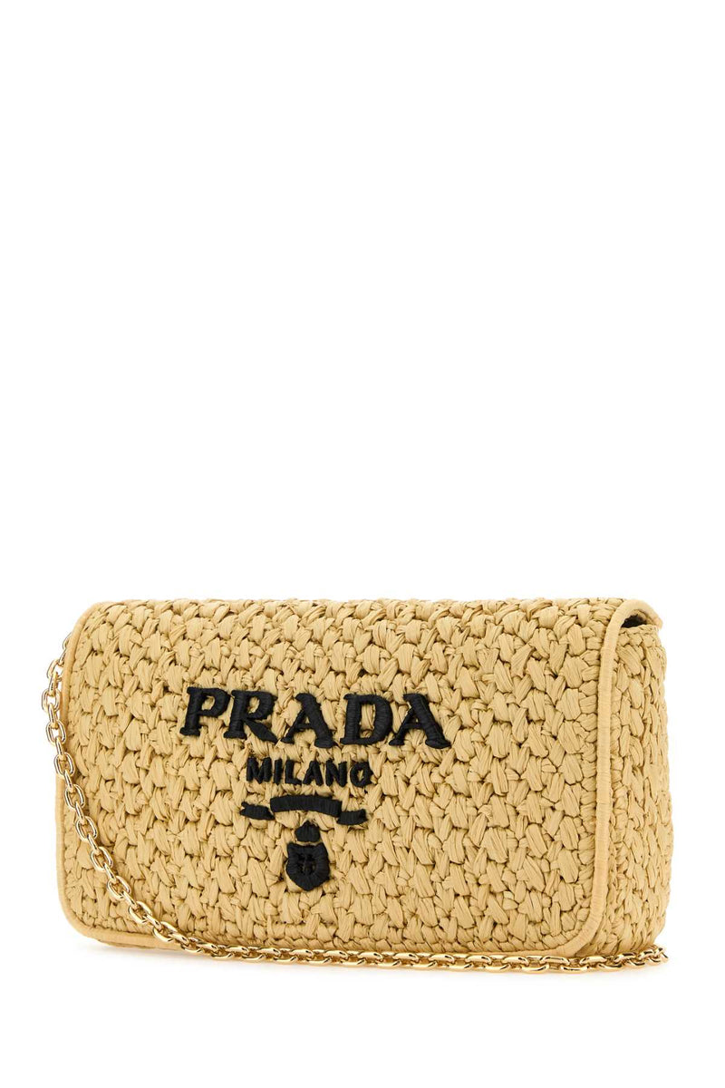 Prada Raffia With Logo Embroidery Crossbody Bag — Beige