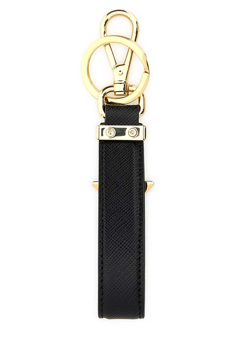 Prada Saffiano Leather With Gold-Tone Hardware Key Case — Black Acciaio-vitello Keychains