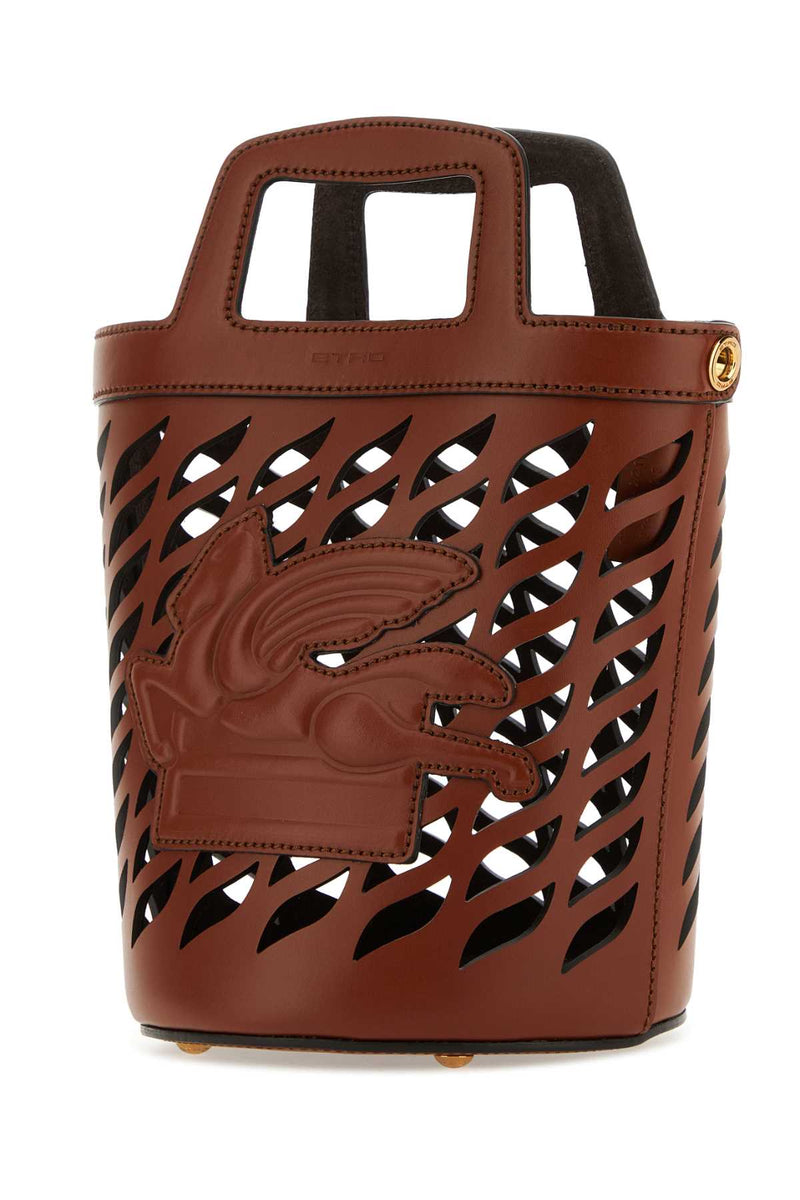 Etro Perforated Leather Bucket Bag — Brown