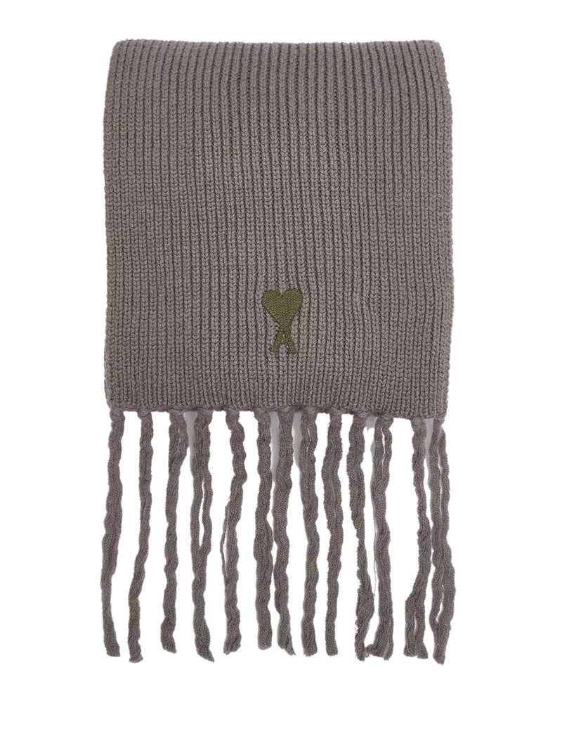 Ami Paris Logo-Embroidered Virgin Wool Scarf — Gray Scarfs