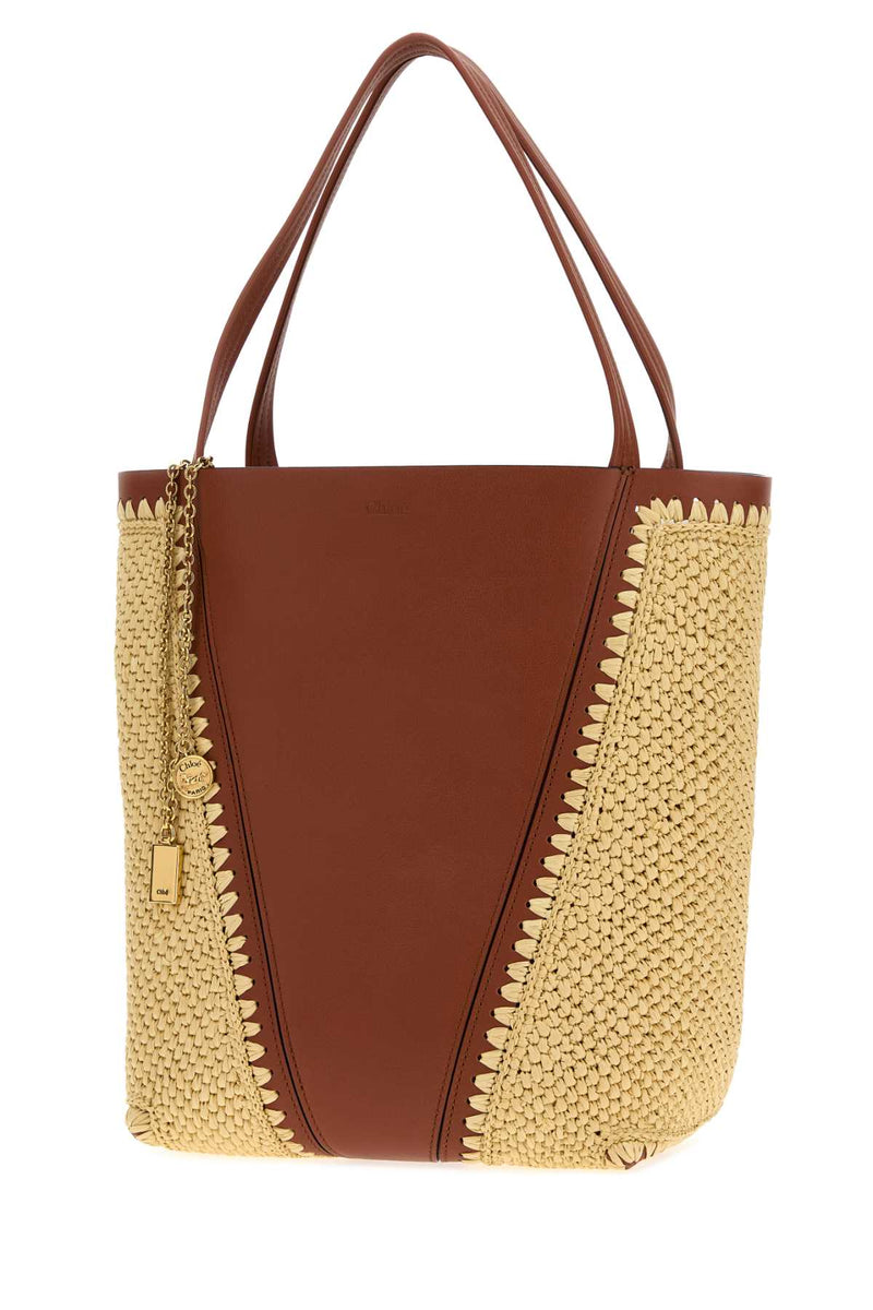 Chloé Leather And Raffia Colour-Block Shoulder Bag — Brown