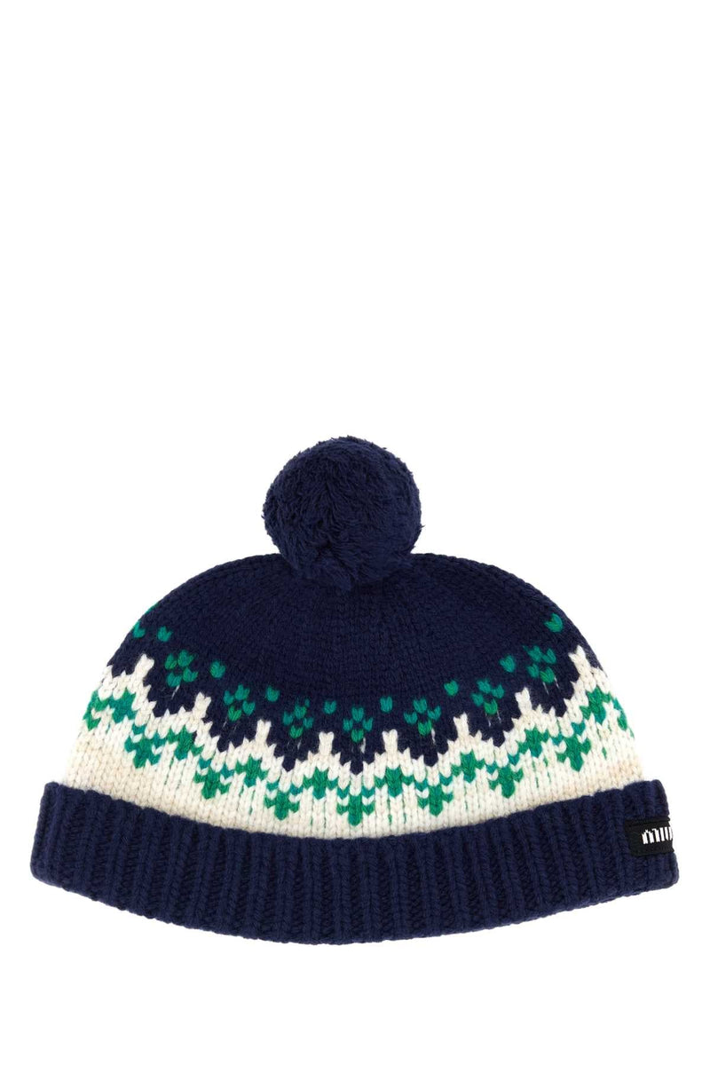 Miu Miu Hat Fair Isle Wool Beanie — Navy Exterior: Virgin Beanies