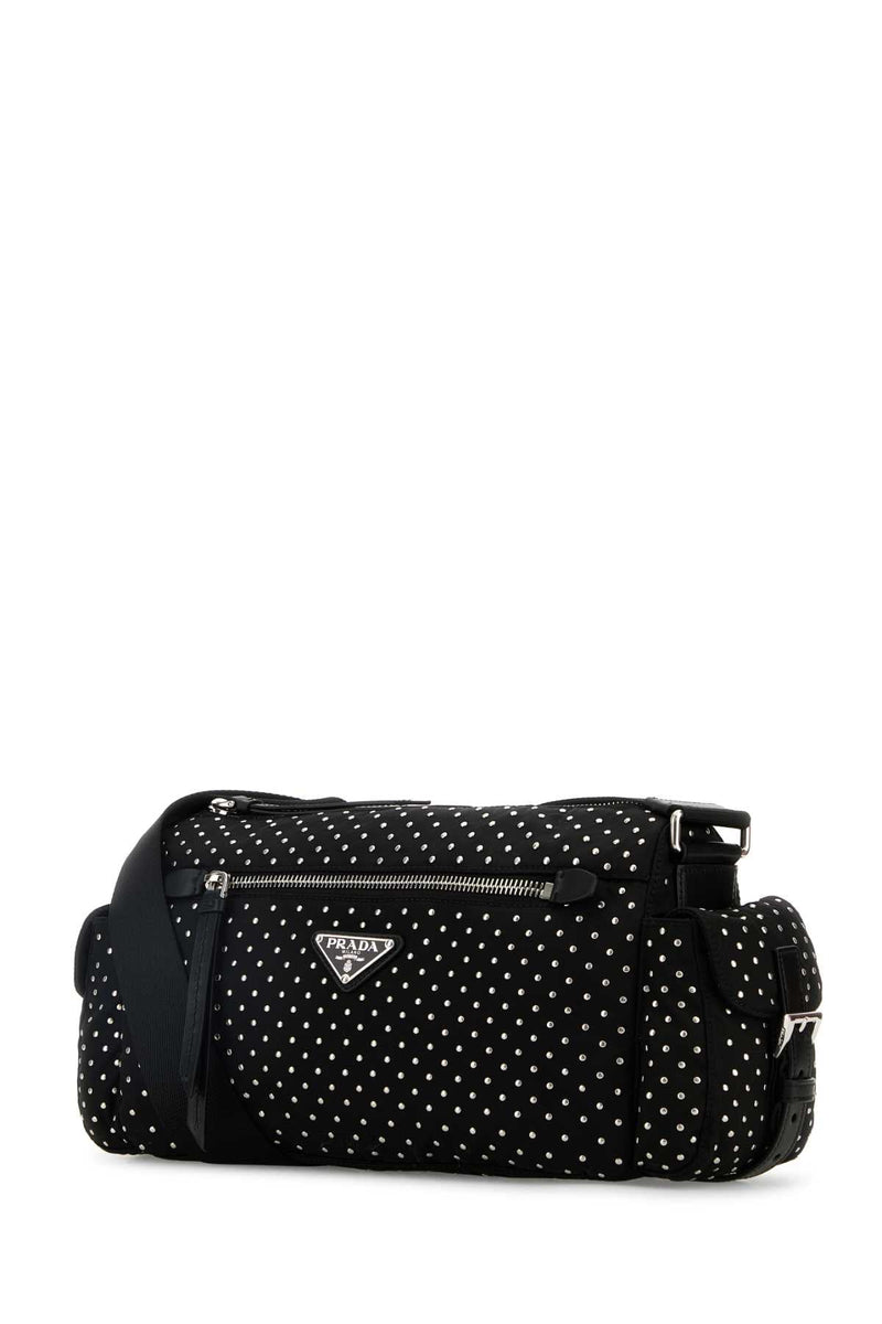 Prada Studded Nylon Shoulder Bag — Black