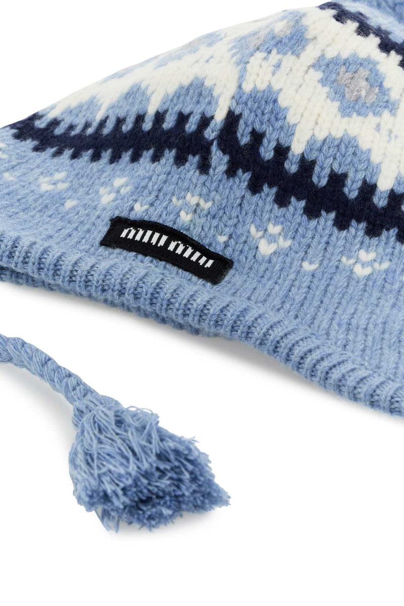 Miu Miu Hat Fair Isle Knit Beanie — Blue Exterior: Virgin Wool Winter Hats