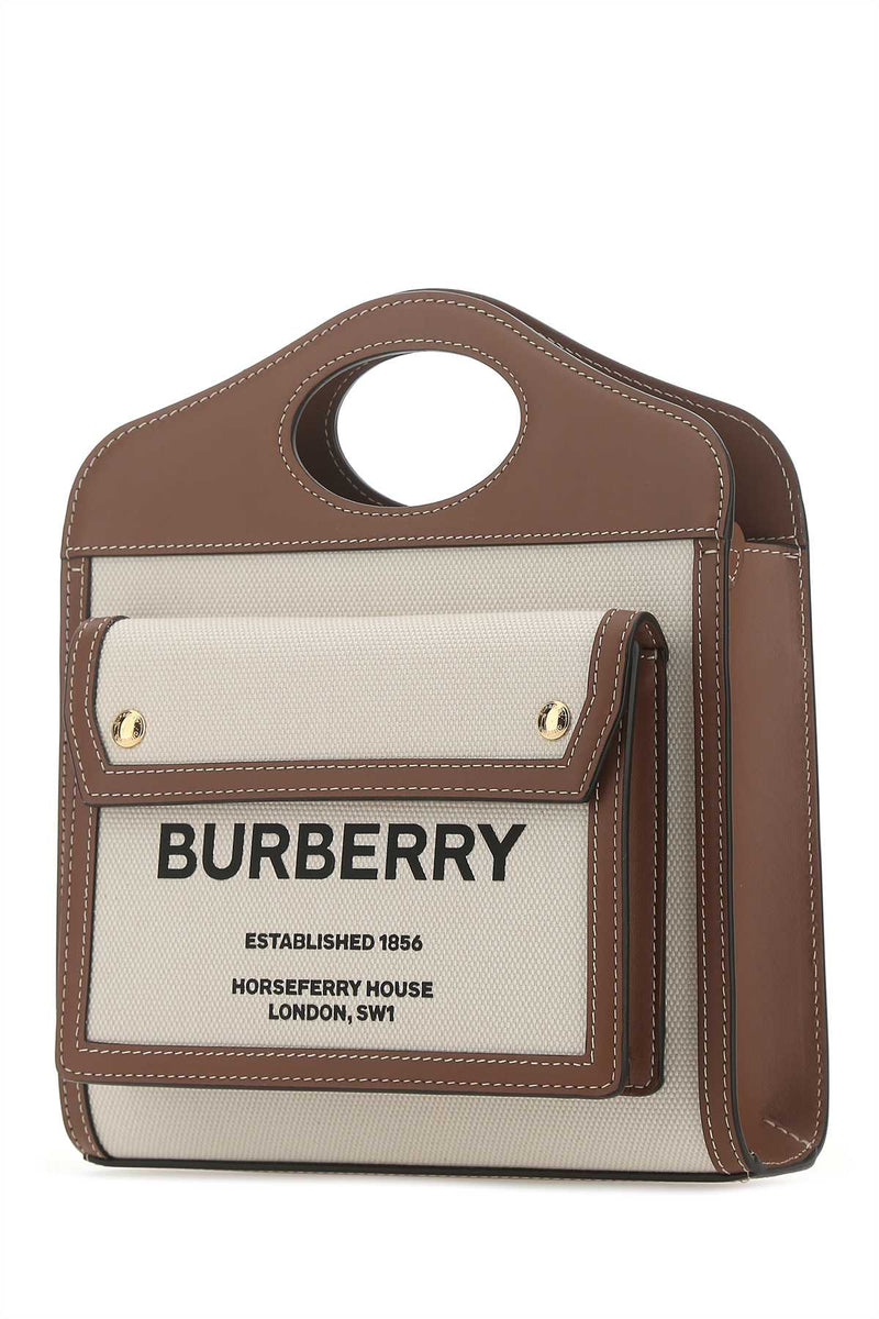 Burberry Two-Tone Canvas And Leather Top Handle Bag — Beige Cotton Polyurethane