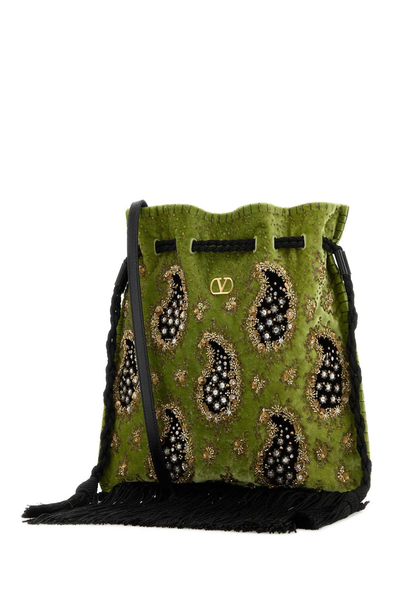 Valentino Garavani Embellished Velvet Bucket Bag — Green
