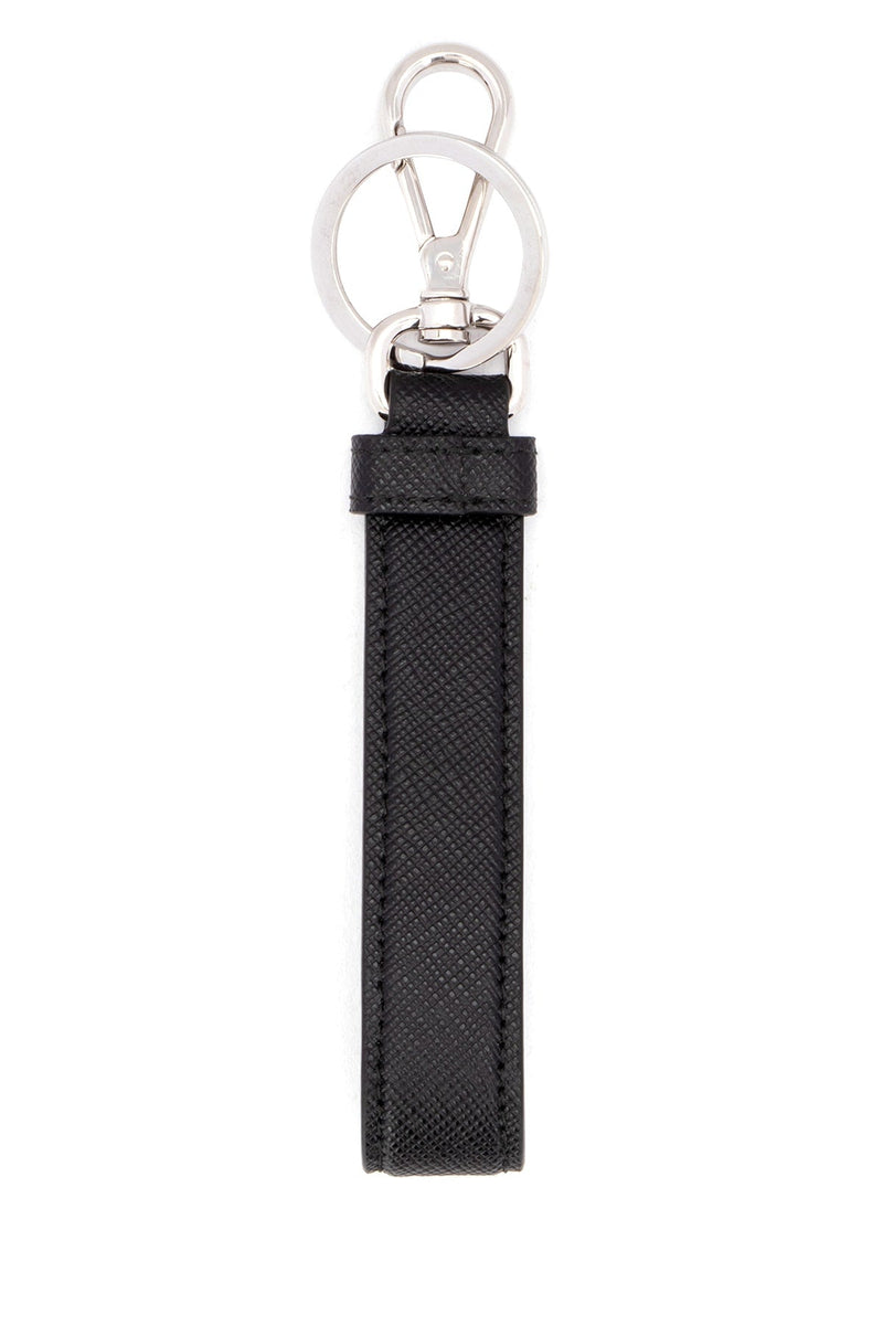 Prada Logo-Plaque Saffiano Leather Key Case — Black Acciaio-vitello Keychains
