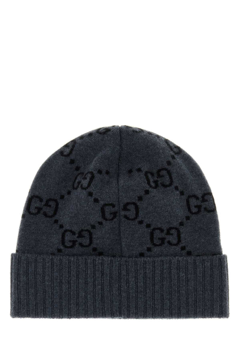 Gucci Hat Gg Embroidered Cashmere Beanie — Gray Exterior: Beanies