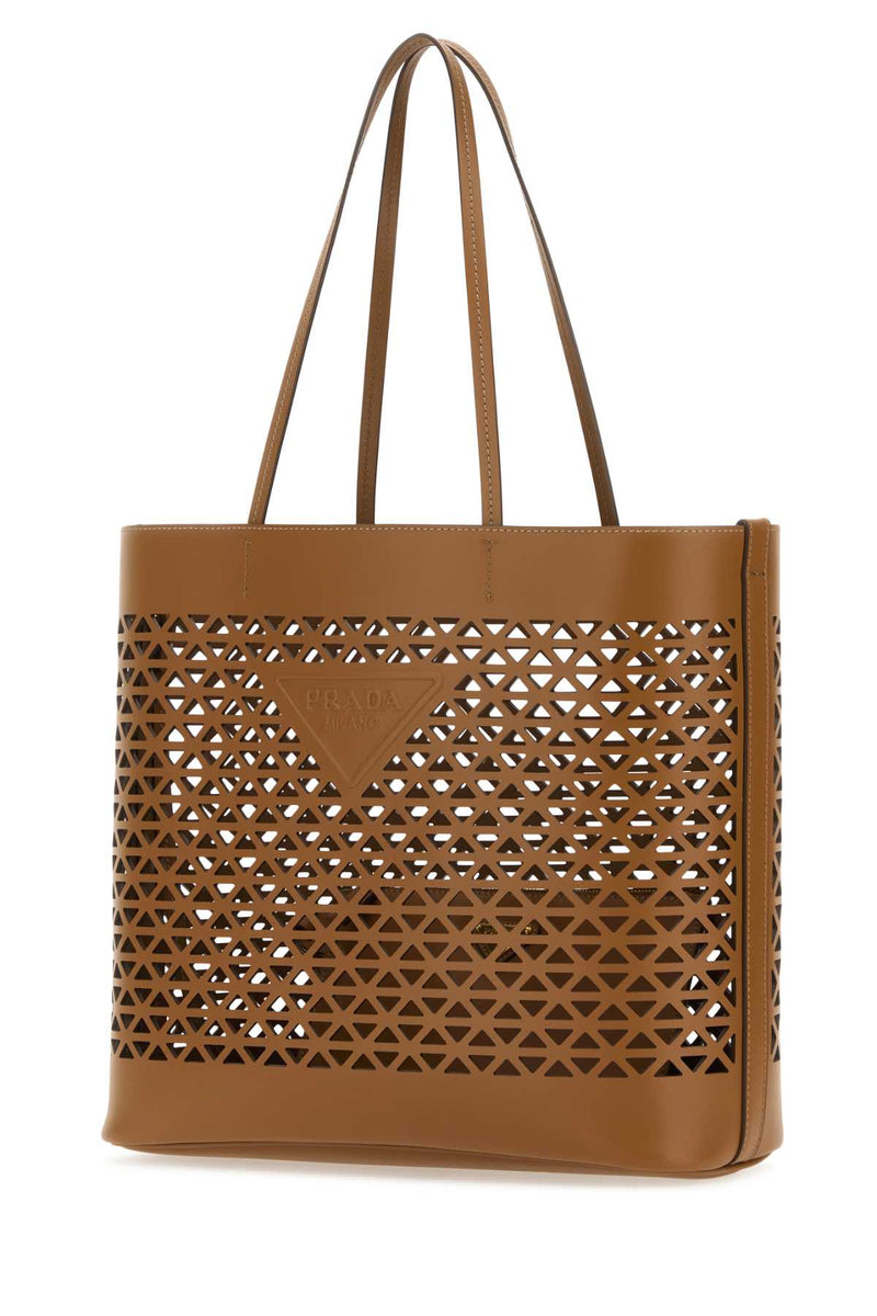 Prada Geometric Cutout Leather Tote Bag — Brown Exterior