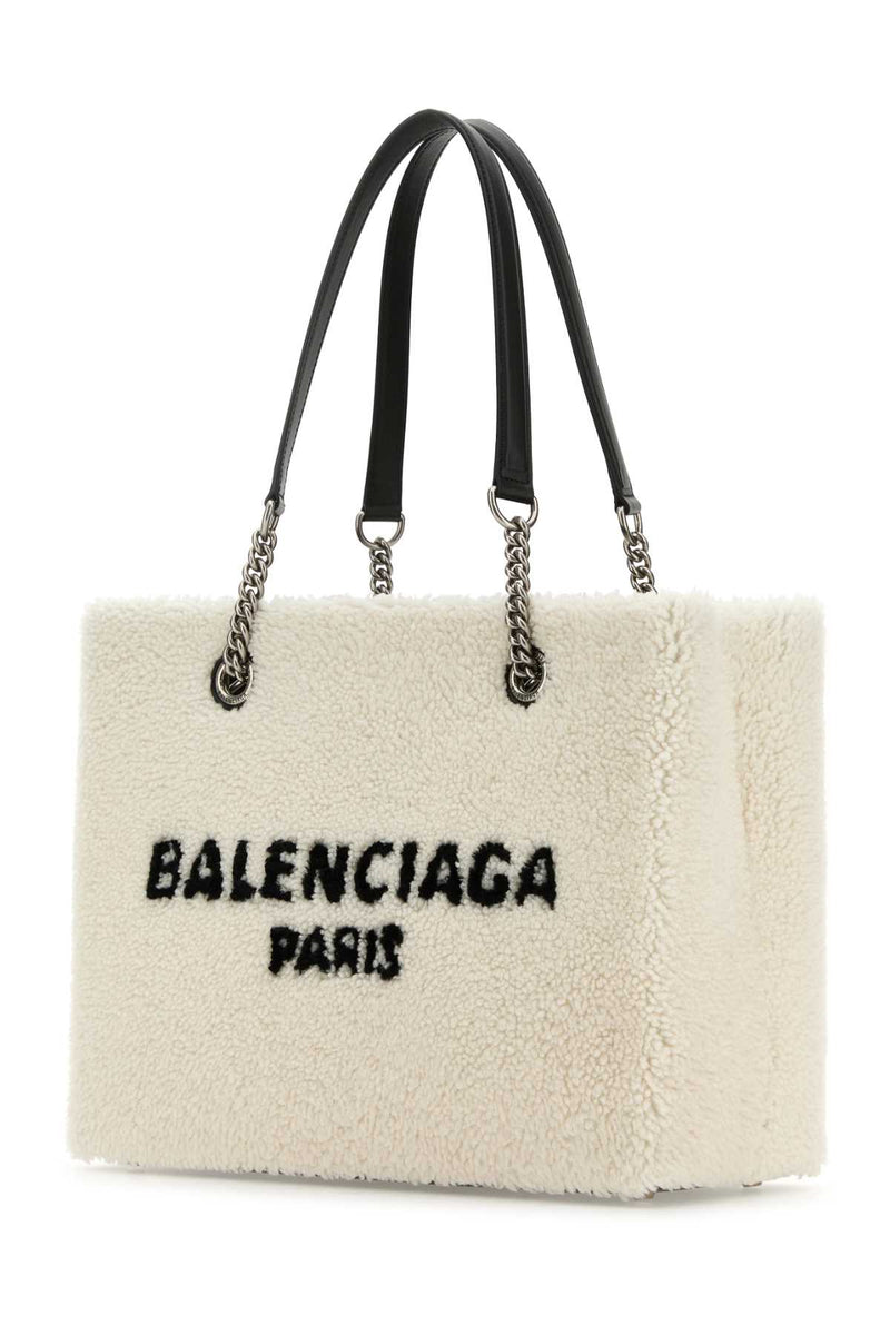 Balenciaga Shearling Logo Tote Bag — White