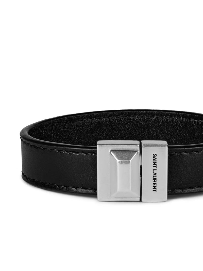 Saint Laurent Engraved Logo Leather Bracelet — Black Bracelets