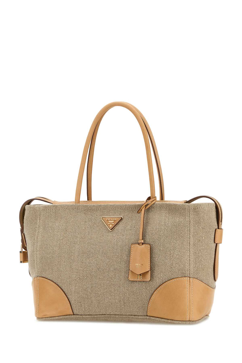 Prada Canvas & Leather Shoulder Bag — Beige