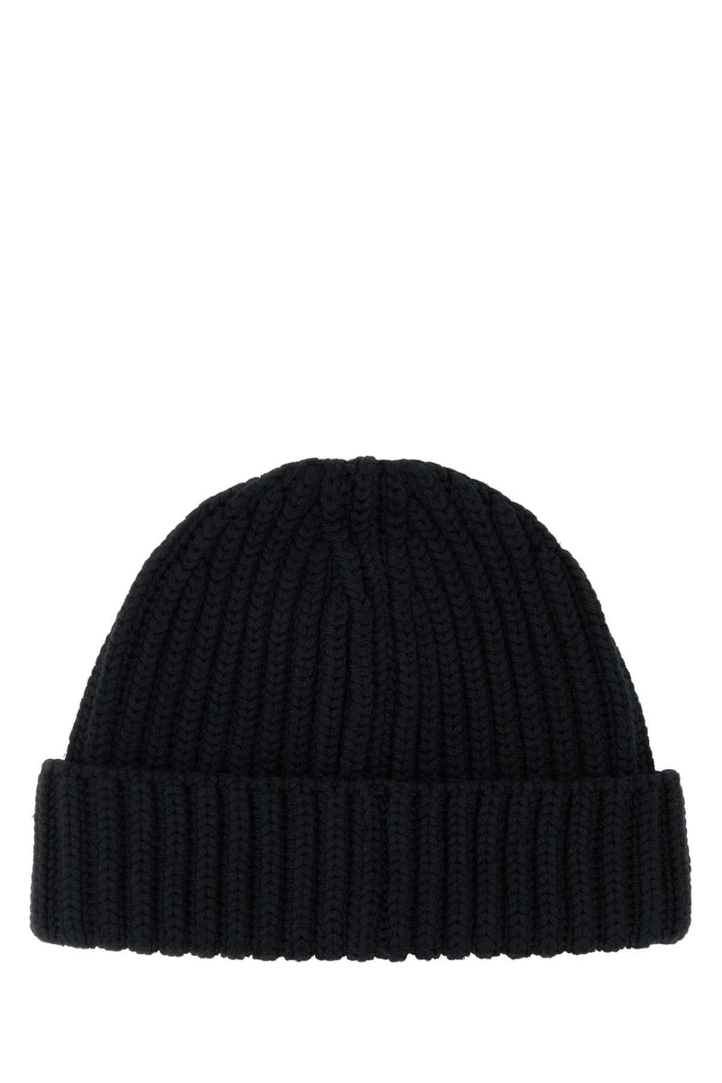 Prada Hat Virgin Wool Ribbed Beanie — Black Exterior: Beanies