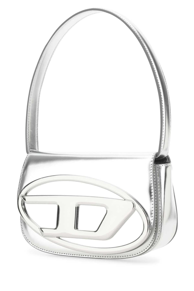 Diesel Metallic Leather With Sculptural Hardware Shoulder Bag — Silver Pmu