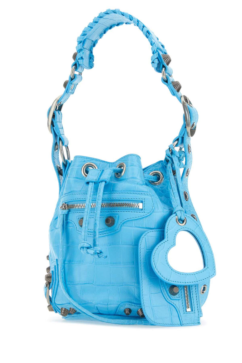 Balenciaga Croc-Embossed Leather Bucket Bag — Blue T Cotton R Elastan