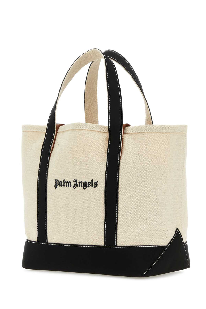Palm Angels Canvas & Leather Trim Tote Bag — Beige Exterior: Cotton