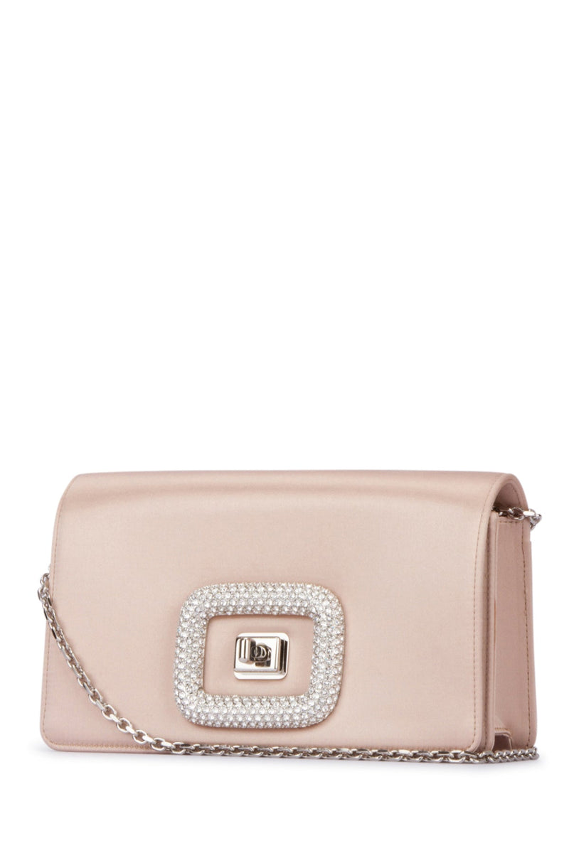 Roger Vivier Crystal-Embellished Leather Clutch — Beige
