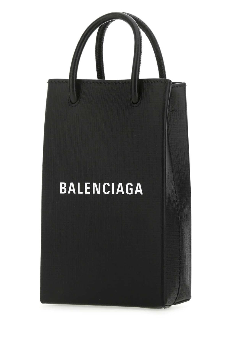 Balenciaga Logo-Embossed Calf Leather Phone Case Clutch — Black