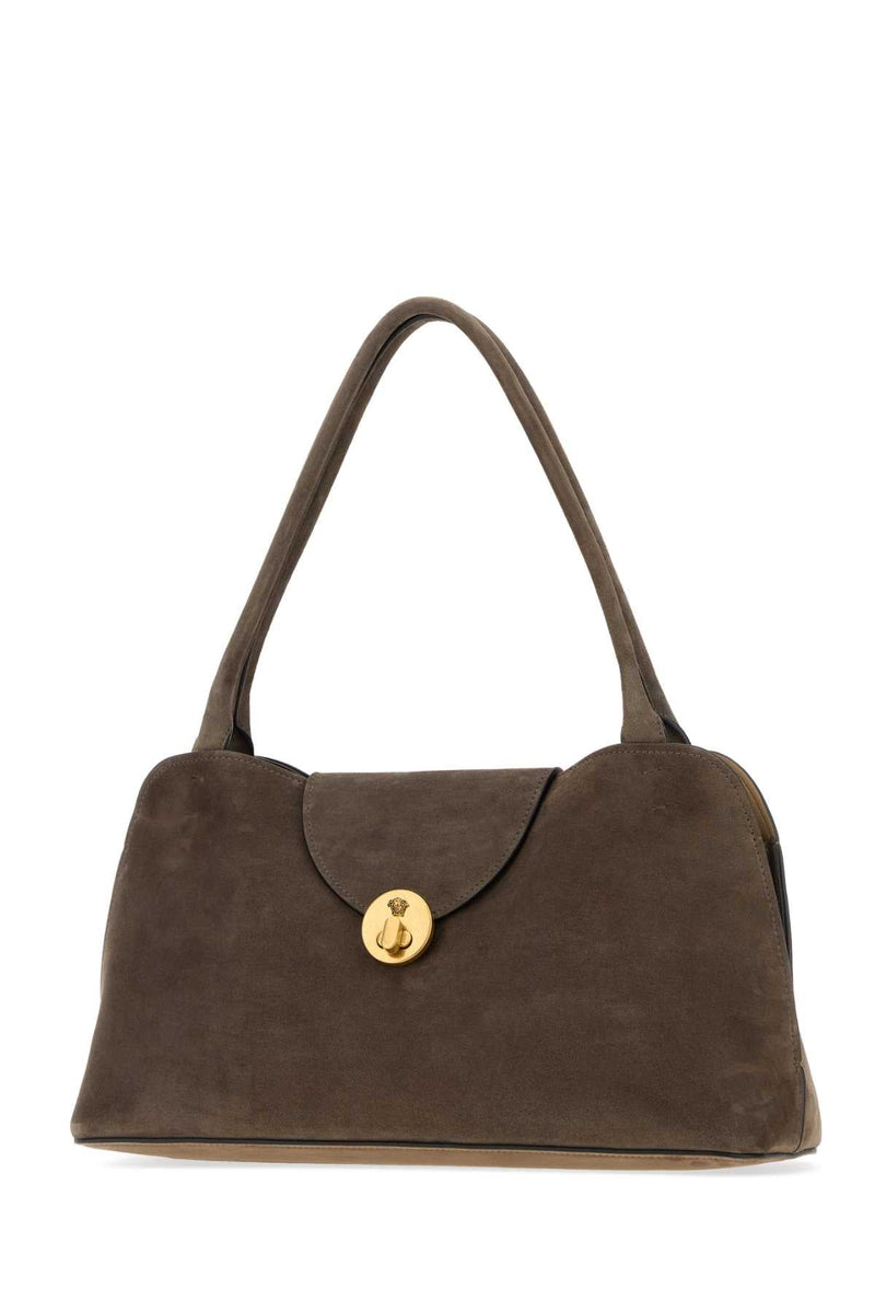Versace Suede With Gold-Tone Closure Shoulder Bag — Brown