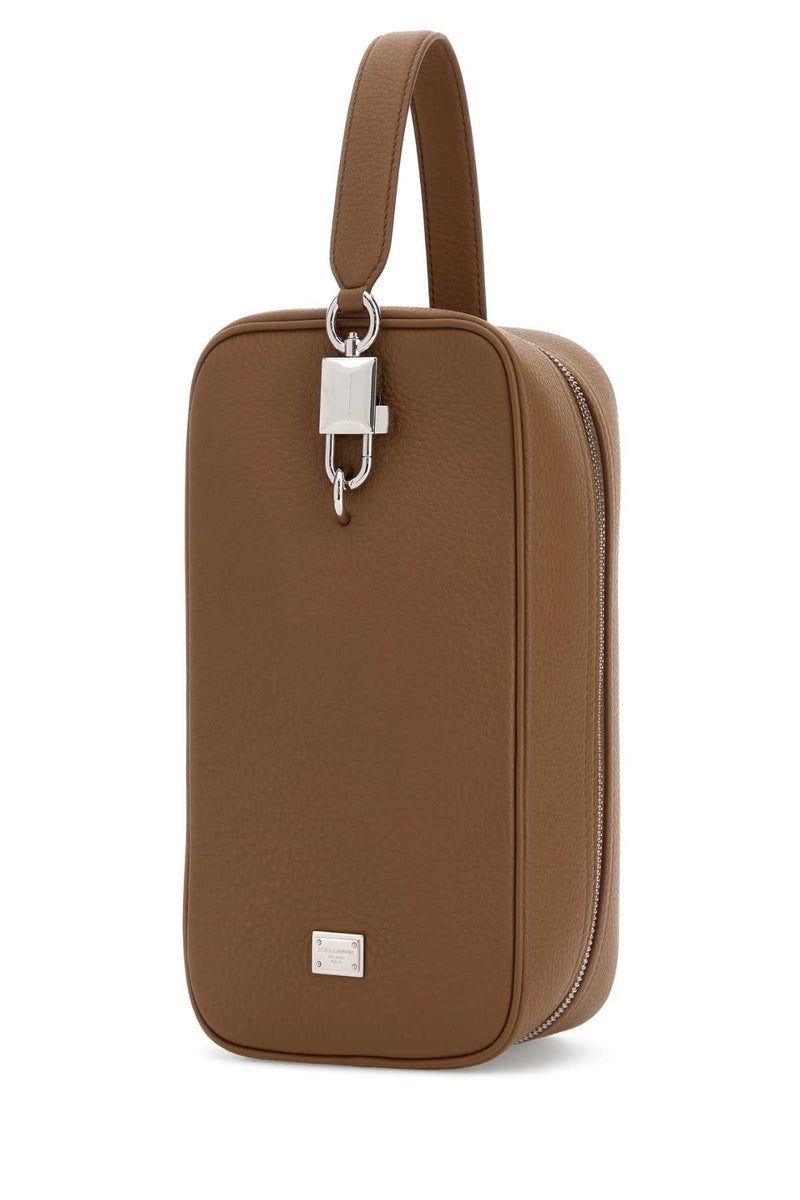 Dolce & Gabbana Leather Lock Closure Top Handle Bag — Brown