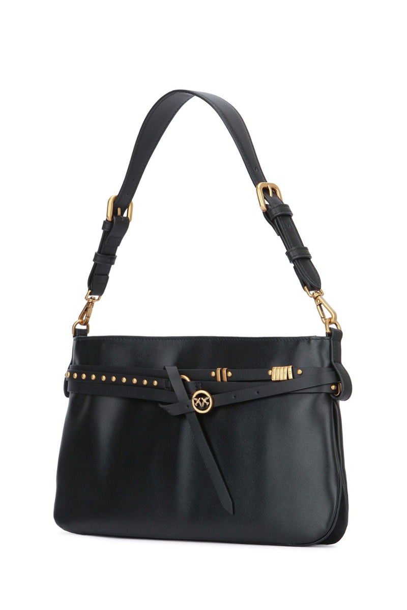 Pinko Classic Shoulder Bag — Black Grain Leather