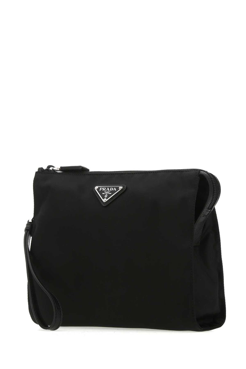 Prada Re-Nylon And Calfskin Clutch — Black Poliammidericiclata-vitello