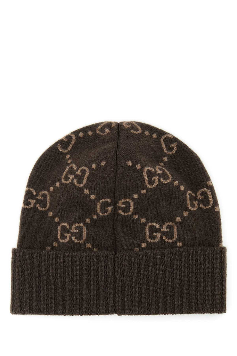 Gucci Hat Logo-Embroidered Cashmere Beanie — Brown Fabric Beanies