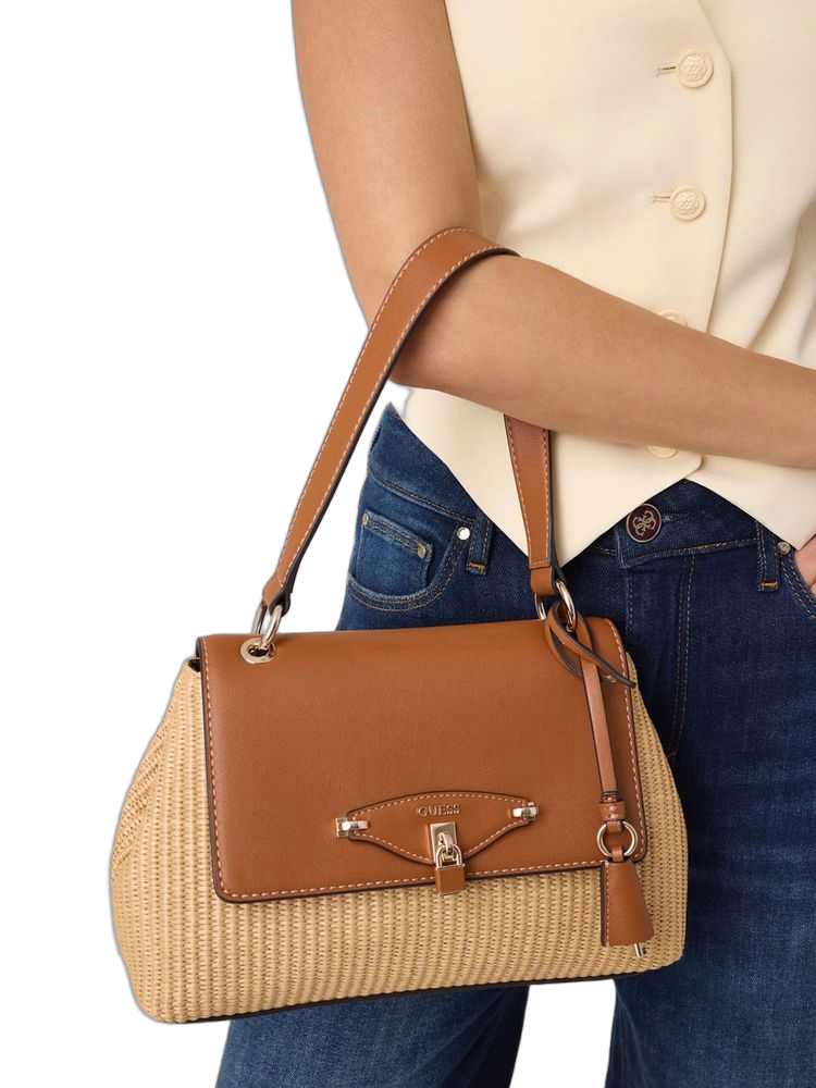 Guess Woven Straw And Leather Shoulder Bag — Beige Polypropylene
