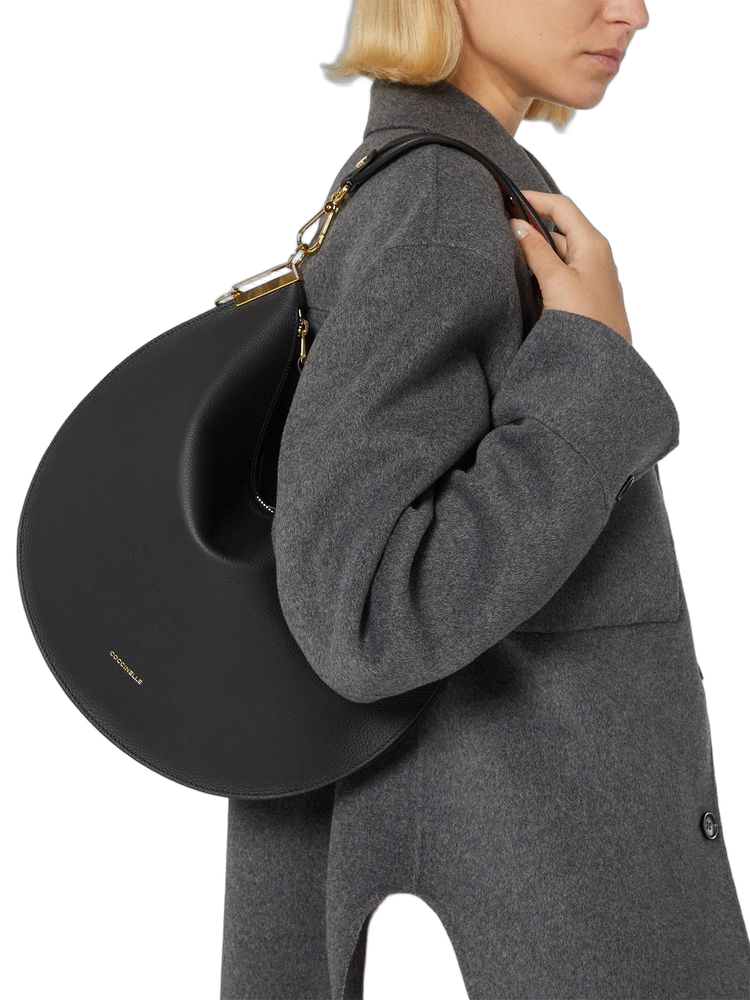 Coccinelle Double Grainy Leather Shoulder Bag — Black Cowhide