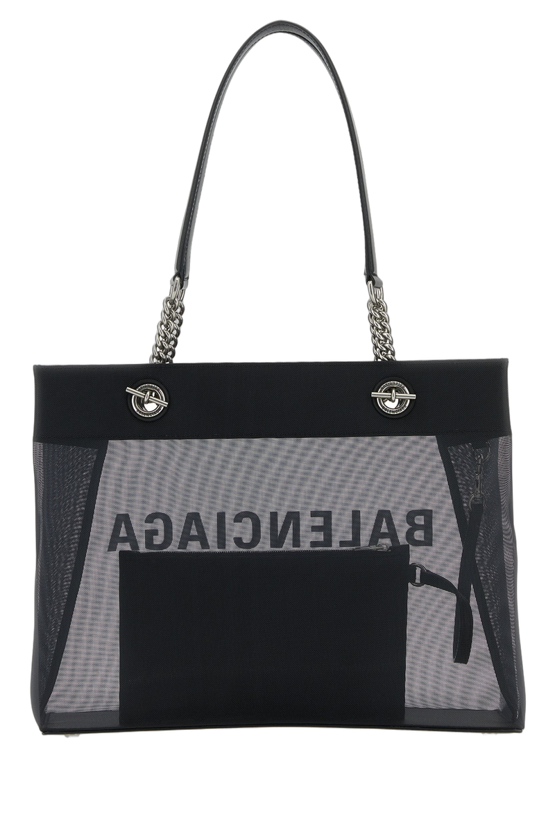 Balenciaga Logo-Print Mesh-Panel Shoulder Bag — Black Nylon