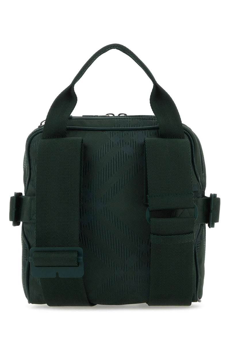 Burberry Check-Embossed Nylon Top Handle Bag — Green Polyamide (nylon) Polyester