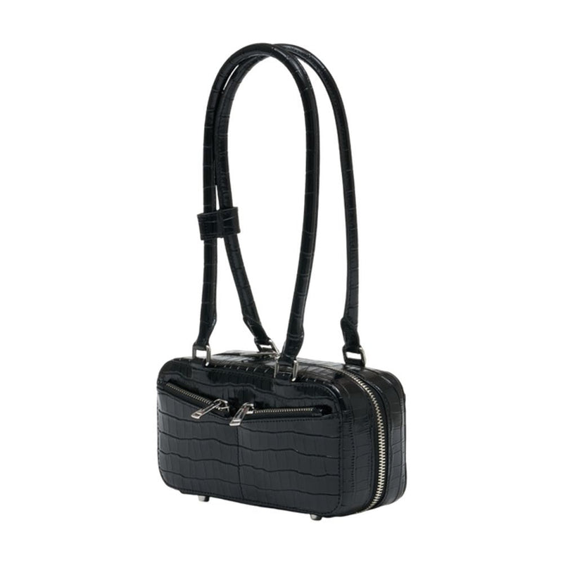 Self-Portrait Crocodile-Embossed Leather Shoulder Bag — Black
