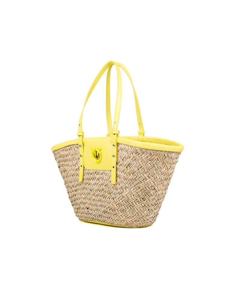 Pinko Raffia And Leather Tote Bag — Yellow Cow