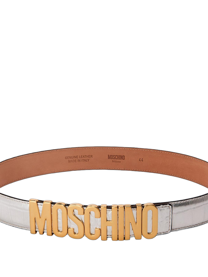 Moschino Logo Lettering Buckle Belt — Silver Leather