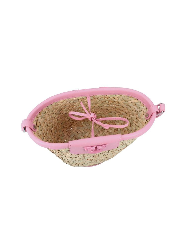 Pinko Straw & Leather Shoulder Bag — Pink Cowhide