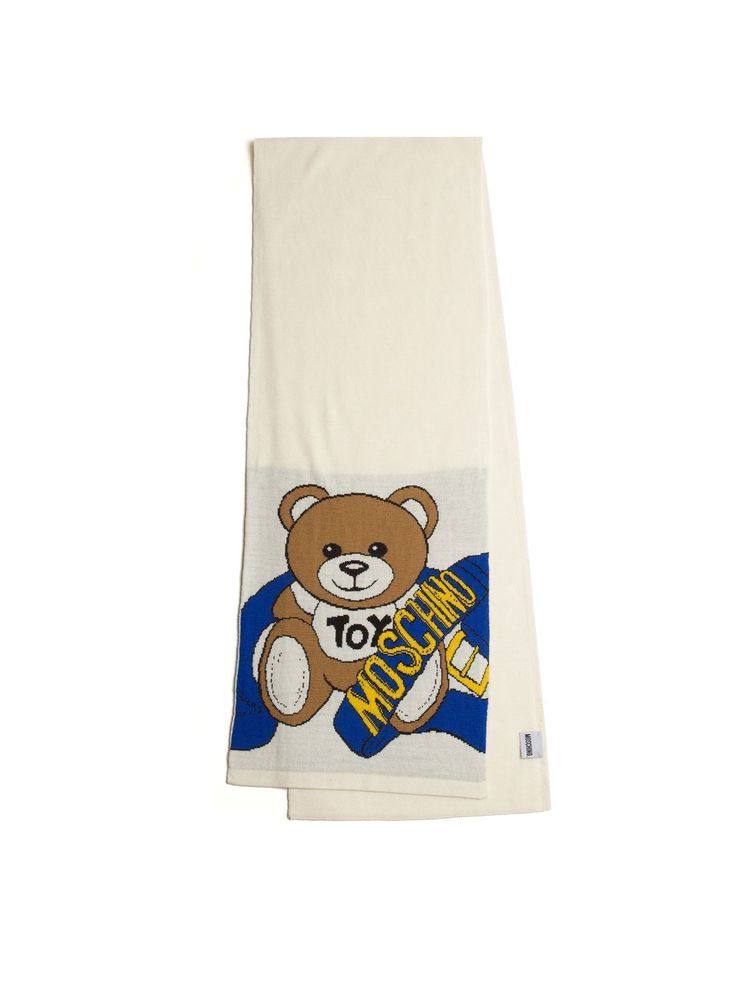 Moschino Teddy Bear-Graphic Wool Scarf — White Scarfs