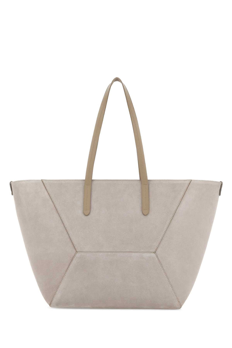 Brunello Cucinelli Suede Trapeze Tote Bag — Beige