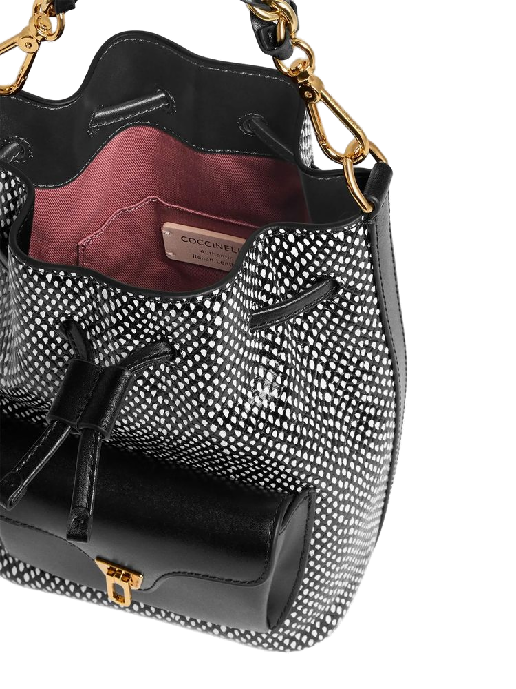 Coccinelle Elaphe-Printed Calf Split Leather Shoulder Bag — Black