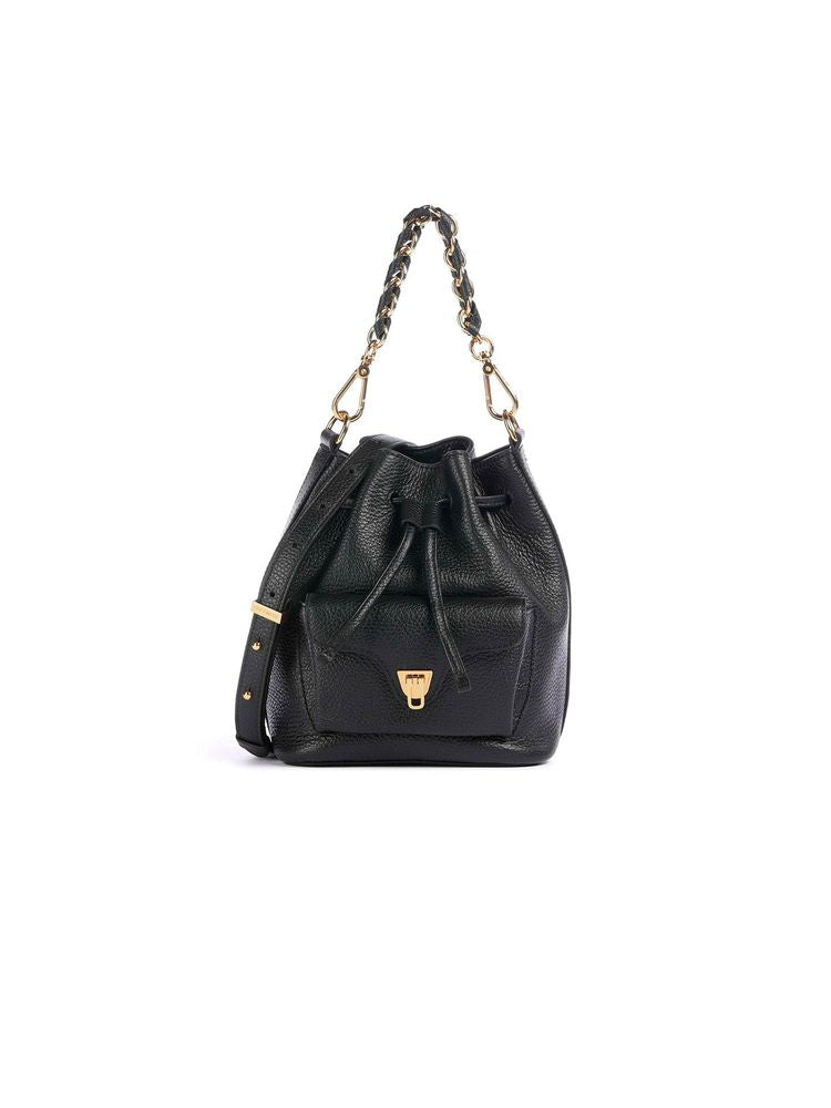 Coccinelle Pebbled Leather Bucket Bag — Black Genuine