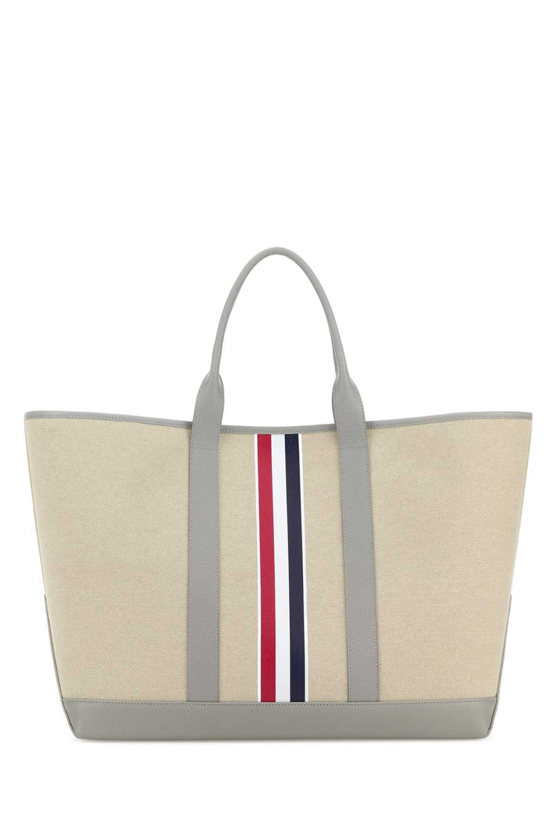 Thom Browne Striped Canvas Tote Bag — Beige