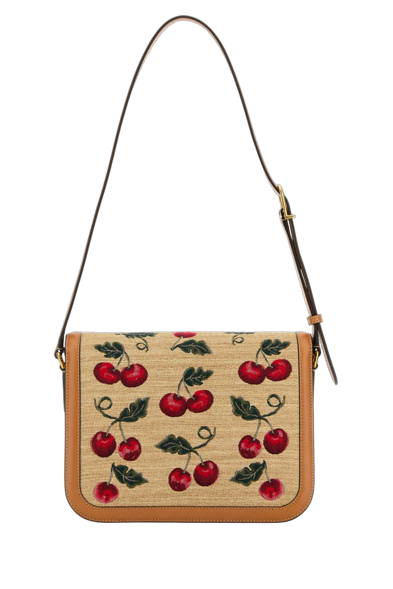 Valentino Garavani Cherry-Embroidered Raffia Shoulder Bag — Beige