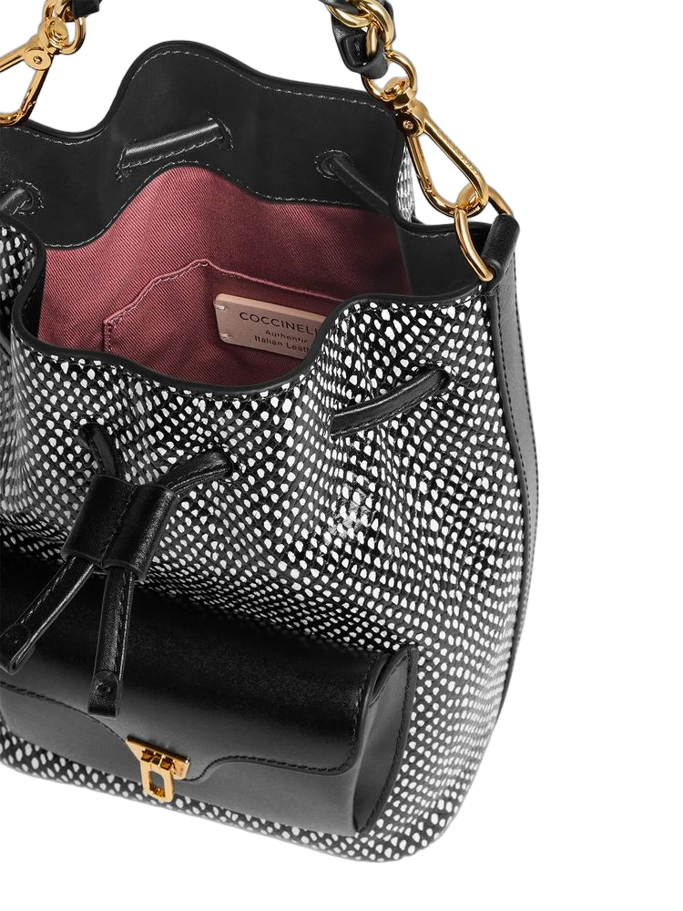 Coccinelle Elaphe-Printed Leather Shoulder Bag — Black Calf Split