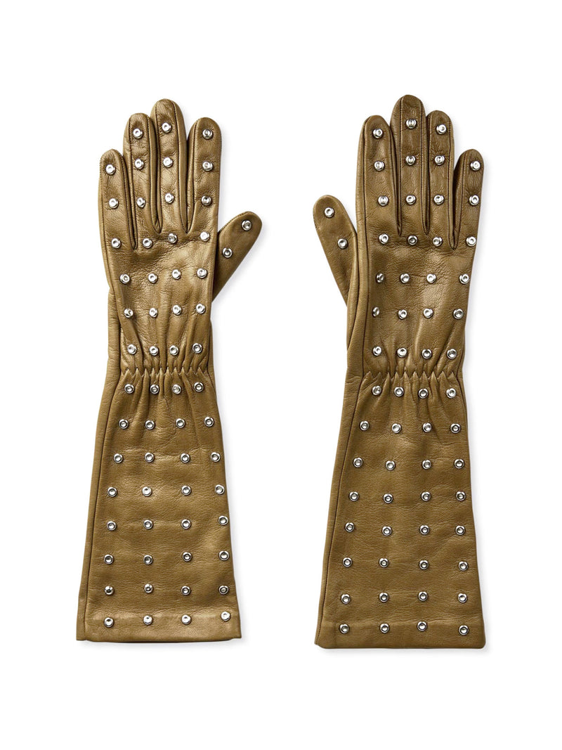 Bottega Veneta Leather With Embossed Logo Gloves — Gold