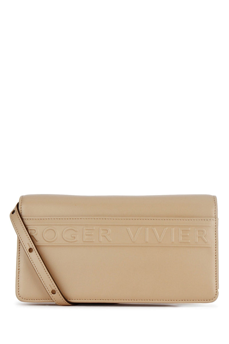 Roger Vivier Leather Turnlock Clutch — Beige