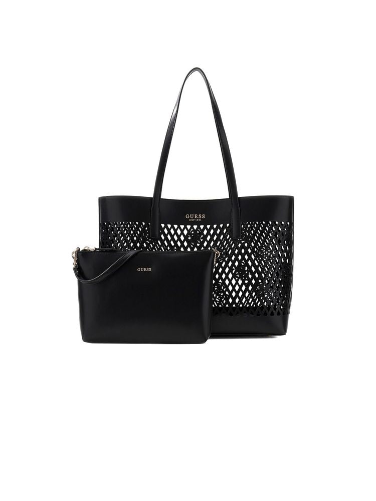 Guess Perforated Lattice Tote Bag — Black Polyurethane