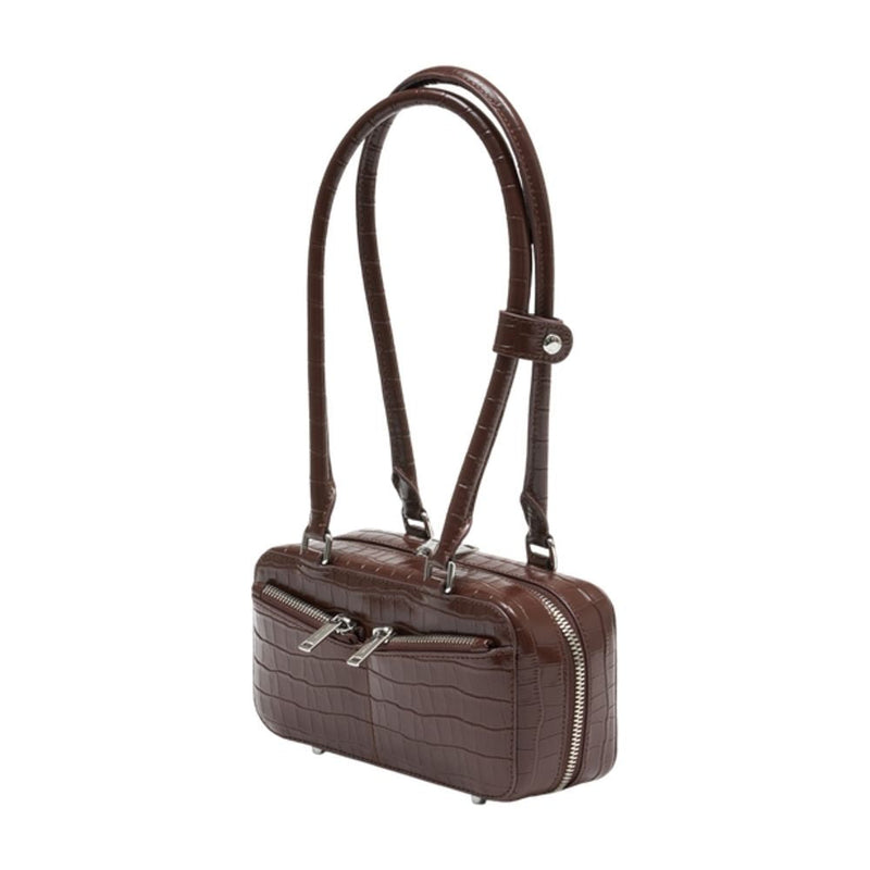 Self-Portrait Crocodile-Embossed Leather Shoulder Bag — Brown
