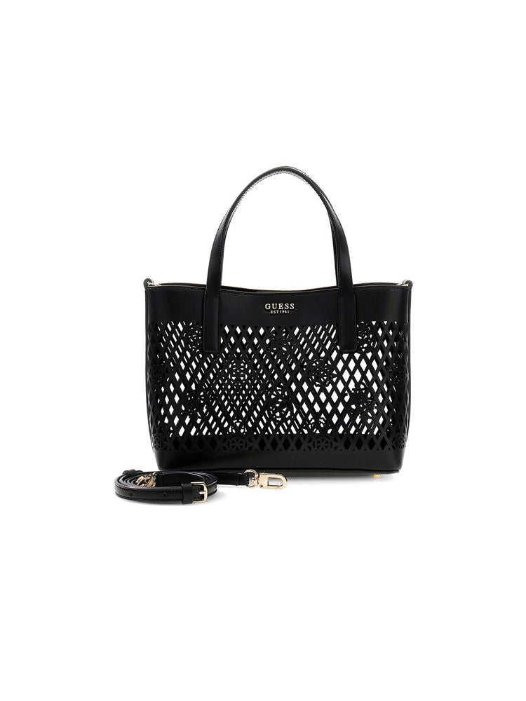Guess Perforated Diamond Lattice Tote Bag — Black Polyurethane