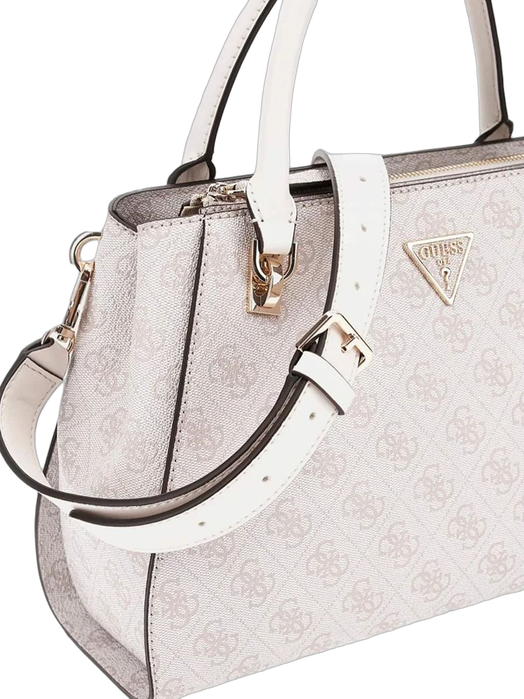 Guess Logo-Jacquard Polyurethane Satchel — Beige