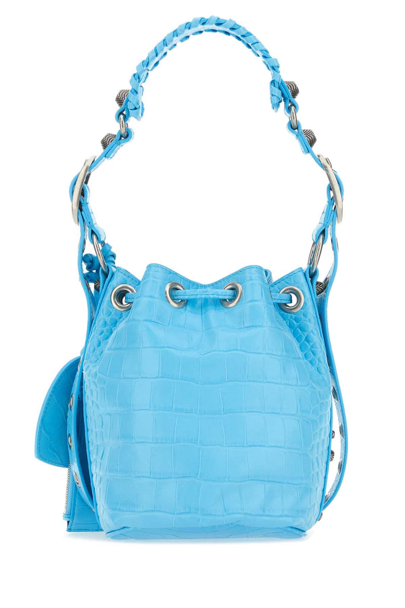Balenciaga Croc-Embossed Leather Bucket Bag — Blue T Cotton R Elastan