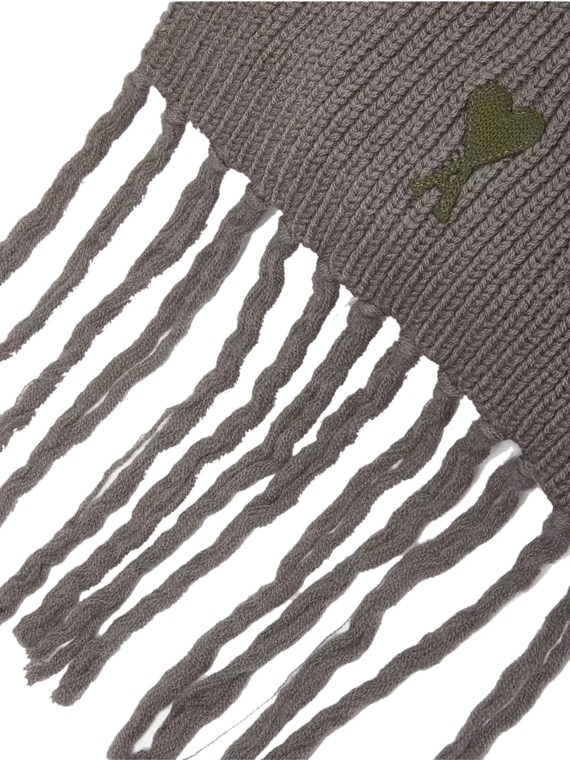 Ami Paris Logo-Embroidered Virgin Wool Scarf — Gray Scarfs